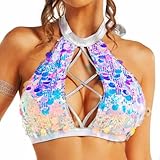 Evlry Bra-Top mit Pailletten, farbenfrohe, glitzernde Neckholder-Top, Bikini-Bra-Tops, Bauchfreies Top für Rave-Partys und Clubs für Damen