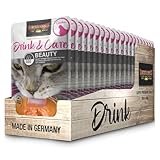 LEONARDO Drink & Care Beauty [20x40g Multipack Sorte Huhn] Katzendrink | getreidefreie Hühnerbrühe mit Fleischstreifen für glänzendes Fell | Ergänzungsfuttermittel für Katzen