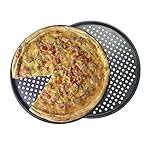 Monfish Pizzablech 36cm rund und gelocht, 2er Set, perforierte antihaft Pizzapfanne aus Karbonstahl, Pizzaform für Ofen