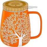 amapodo Teetasse mit Deckel und Sieb - 600ml Porzellan Tee Tasse groß - Jumbotasse - XXL Tea Cup Set Orange - plastikfrei