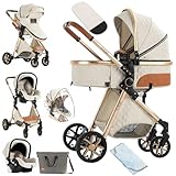 NADDLILY Kinderwagen 3 in 1, Buggy mit Umkehrbarem Zwei-Wege-Schub, Kinderwagen mit Faltbarem Tragbarem One-Click-Design, Kinderwagen 3 in 1 Komplettset mit Zubehör Hohe Landschaft (V9 Creamy White)