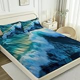 Bettlaken Wellen, Spannbettlaken 100x200cm Meer für Boxspringbett Weiche Mikrofaser Spannbetttuch 3D Bed Sheet mit 2 Kissenbezug für Kinder Erwachsene C.L157
