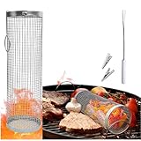 Zylindrischer Grillkorb Rauchnetz Grillzylinder Edelstahl für Gemüse Kolibrin Grillrolle Grilltrommel Grillnetz Pommes Drachenkind Drehspieß Grillkäfig Basket Rund BBQ Rolling Grilling