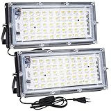 CREATESTAR LED Strahler Außen 50W, 2 Stücke 5000LM LED Fluter mit Stecker, 6500K Kaltweiß Außenstrahler mit IP65 Wasserdichtes für Türen, Flur, Garage, Hof und Garten