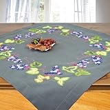 Ernst Schäfer Stickpackung Trauben, graues Tischdecken Set vorgezeichnet zum Sticken, Stickset mit Plattstich und Stielstich zum Selbersticken