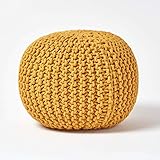 Homescapes Pouf Strickpouf rundes Bodenkissen, Sitzpouf 35 x 40 cm, gepolsterter Sitzhocker, Sitzpuff/Puff mit grob gestricktem Bezug aus 100% Baumwolle, Strickpuff, Senf