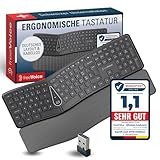 freeVoice Ergonomische PC Tastatur I Tastatur ohne Kabel I Geteiltes Tastenfeld & gepolsterte Handballenauflage I Kabellose Tastatur mit 10m Reichweite I Keyboard für Büro & Home-Office