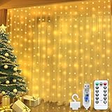 Bowfar Lichtervorhang innen 3x3m, 300 LEDs USB Lichterketten Vorhang 8 Modi mit Fernbedienung Memory-Funktion IP65 Wasserdicht Lichterkette für Innen Außen Deko Weihnachten Hochzeit Party, Warmweiß