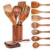 AIDIRui 9-teiliges Holzlöffel zum Kochen, Holzutensilien zum Kochen mit Utensilienhalter, Teakholz-Küchenutensilien-Set