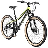 BIKESTAR Alu Mountainbike Jugendfahrrad 24 Zoll ab 9-14 Jahre Hardtail | 21 Gang Shimano Schaltung, Scheibenbremse, Federgabel | Kinder Fahrrad Schwarz & Grün | Risikofrei Testen