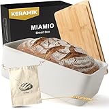 MIAMIO – Brotkasten mit Bambusdeckel/Brotkasten Keramik, Brotbox mit Holzdeckel verwendbar als Schneidebrett, 32 x 20 x 11,5 cm (Weiß)