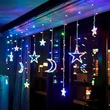 CNMTCCO Weihnachtsbeleuchtung Fenster Innen, Sterne Mond Lichtervorhang 138LED Lichterkette Fenster mit Timer 8 Funktionen USB ＆ Batteriebox, LED Sternevorhang Weihnachtsdeko, Mehrfarbig