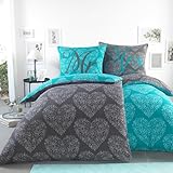 BaSaTex Microfaser Partner Bettwäsche mit Wendemotiv | 2X 135x200 Bettbezug + 2X 80x80 Kissenbezug | Mikrofaser Bettwäsche Set 4 teilig für Paare | Design: Ornaments Hearts Turquoise