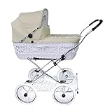 EICHHORN Weidenkorb Kinderwagen, Korb Weiß, Stoff Beige - große Liegefläche, weich gefedert, inklusive Matratze und Regenschutzbezug