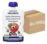 FRECHE FREUNDE Bio Quetschie Apfel, Blaubeere, Johannisbeere & Brombeere, Fruchtmus im Quetschbeutel für Babys ab dem 6. Monat, glutenfrei & vegan, 6-er Pack (6 x 100g)