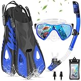 IEEILULU Schnorchelset Erwachsene, 7-teiliges Schnorchelausrüstung mit Anti-Fog Taucherbrille, Flossen, Trockenschnorchel, wasserdichte Handyhülle Ohrstopsel und Tragetasche (Blau, L/XL)