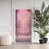 Straßenszene In Der Stadt Türaufkleber Romantischer Türtapete Selbstklebend Rote Blütenblätter Türfolie TürPoster PVC Wasserdicht Abnehmbar für Wohnzimmer Schlafzimmer Bad Büro Deko 80x200cm