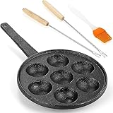 WUWEOT Aebleskiver-Pfanne aus Gusseisen, 5 cm, Poffertjes, dänische Pfannkuchen-Kugel-Grillplatte, 7 Löcher, robuste Antihaftbeschichtung, Ebelskiver-Pfanne, Halbkugel-Takoyaki-Maker mit Drehstäben