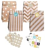 PAKNOR® Papiertüten Braun, 40 stk Kraftpapiertüten Geschenktüten Papier Braune Tüten Papier mit 96 Aufkleber, Papiertüte zum Verpacken von Geschenken, Giveaways, Kindergeburtstag