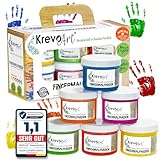 Krevo Art Fingermalfarben – ungiftige & auswaschbare Fingerfarben für Kinder ab 2 Jahre, 6 leuchtende Farben je 60ml, vegan & geruchlos – inkl. kreativer Malvorlagen für extra Malspaß!