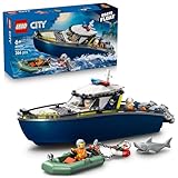 LEGO City Verfolgungsjagd im Polizeiboot – Spielset mit schwimmfähigem Schnellboot, Schlauchboot des Ganoven, 3 Mini-Figuren und Einer Haifigur – Geschenk für Jungen und Mädchen ab 6 Jahren – 60456