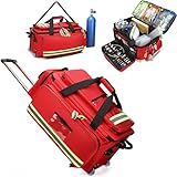 Medical Box Medizinische Trolley-Tasche mit Rollen, tragbare Notfalltasche, leer für Sauerstofftank, herausnehmbare Fächer, für den Außenbereich, nur Tasche, Rot