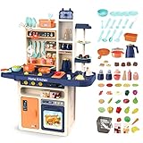 deAO Kinderküche Spielküche mit Licht, Dampf, Wasser, Kinder-Küchenspielset mit Küchenzubehör Herd Spüle Backofen Essen Küche Spielzeug, Chef Dinner Play Besteck Set Pädagogisches Spielzeug (Blau)