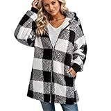 Generisch Teddyjacke Damen Lang Teddy Fleece Mantel Kariert Winterjacke Warm Übergangsjacke Winddicht Plüschjacke Elegant Plüschmantel Mit Reissverschluss Flauschjacke Locker Wintermantel Leichte