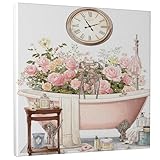 Pfirsichblumen-Bad-Leinwand-Kunst, Rosencreme-Blumen-Posterdrucke, Vintage-Bade-Wandkunst, ästhetische Dekoration für Wohnzimmer, Schlafzimmer, Badezimmer, Schlafsaal, gewickelte Leinwand, 30,5 x 30,5