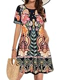 Sommerkleider für Damen, lässiges T-Shirt, kurzärmelig, florales Sommerkleid mit Taschen, Größe L