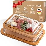 Exitoso Servierbrett Holz Aufschnittboxen für Kühlschrank Glas 2er Set Stapelbar - Käseglocke Wurstbox Frischhaltedosen Käse Aufbewahrung Wurstdose - Frischhaltebox