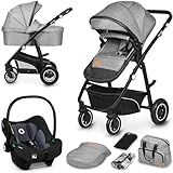 LIONELO BIANKA Kinderwagen 3 in 1 bis 22 kg Babywanne Autositz Zusammenlegbar, Reise-System, Einstellung der Rückenlehne, Räder 360o Stoßdämpfer, Verdeck XXL