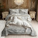 Pferd Steppdecke 155x220 Winterdecke Extra Warm, 3D Tiere Weiß Grau Marmor Bettdecke Schlafzimmer Komplett Set Mit Kissenbezug, Bettdecke Ohne Bezug