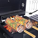 Sonekin Grillkorb, Grillkorb Edelstahl, 2 Stücke Grillkorb Gemüse, Abnehmbarer Holzgriff Rolling Grill Basket, Geeignet zum Grillen von Fisch, Garnelen, Fleisch, Gemüse und Pommes im Freien (Stil 1)