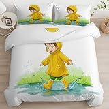 Srigzcaly Bettwäsche 200x200cm Cartoon Junge Gelber Regenmantel, WeißWende Bettwäsche Set 3D Druck Microfaser Bettbezug und 2 Kissenbezug 80x80cm mit Reißverschluss - Bettdecke Set Schlafzimmer Dekor