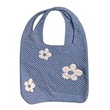 Häkeltasche - Häkel-Strandtasche mit Blumenmuster, gewebte Umhängetasche für Damen | Sommer-Stofftasche mit Netz-Handtasche, Co-Bag, blau, Consulte la descripción