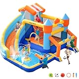 SportBob Hüpfburg mit Gebläse und Wasserrutsche für Kinder Indoor und Outdoor, hüpfburgen XXL mit Fußballtor, Wasserbüchse und Basketballkorb, Wasserpark für den Kinder Garten Geburtstag Party