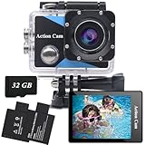 Nvgfelis Action Cam FHD 1080P mit 32GB Speicherkarte, Unterwasserkamera wasserdicht bis 30M, Actionkamera mit 2×900 mAh wiederaufladbare Akkus und Zubehör-Set