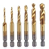 6 teilig HSS Kombi Gewindebohrer Bit Satz, Fixinus 1/4'' Schraube Sechskantschaft Senker Werkzeuge Bohrer Bit Set Maschinengewindebohrer Drill Bits Satz Edelstahl M3, M4, M5, M6, M8, M10