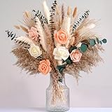 Trockenblumenstrauß mit Pampasgras & Rosen im Glasvase – Boho Deko, Tischdeko Wohnzimmer, Pampasgras Deko für Esstisch, Schlafzimmer & Landhausstil Deko-Dried Flowers