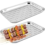 Asfrode 2 Stück BBQ Grillschalen aus Edelstahl, 34.5 x 24.2 x 2.7 cm Wiederverwendbare Grillkorb Gemüsekorb Aussenbereich Zubehör für Gemüse Fisch oder Fleisch für Gas-, Elektro- und Holzkohlegrill