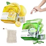 2 Stück Naturseife Aloe Vera Seif Naturseife Seifen Aloe Vera + Lemon Bar Soap Natürlich Biologisch Feste Seife Stück, Zur Verwendung in Der Gesichts- und Körperdusche,mit Schaumstoffnetz(100g)