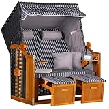 MR. DEKO® Strandkorb Ostsee 2-Sitzer Anthrazit | Volllieger Gartenmöbel | Polyrattan Hartholz | Komfortabler Sonnenkorb für Terrasse und Balkon | Inkl. 2 Klapptische und Kissen Royal Anthrazit