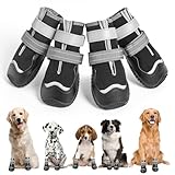 OHCOZZY Wasserdicht Hundeschuhe, Anti-Rutsch Hundestiefel mit reflektierenden Riemen, Verschleißfeste Gummisohle Hundeschuhe Pfotenschutz fürkleine, Mittlere und Große Hunde 4 Stück(L, Schwarz)