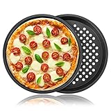 Tiamu 2er Set Pizzablech Rund Pizzaform Pizza Backblech zum Backen im Ofen, Backstahl Gelocht Pizzapfanne 28cm, Antihaft Backblech, Pizzaschieber & Flammkuchen, Carbonstahl, Knusperblech, Geschenk