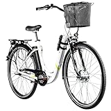 ZÜNDAPP EBike Z510 28 Zoll Elektrofahrrad mit Rücktrittbremse E Bike Damen & Herren E-Bike 3 Gang Fahrrad Elektro Pedelec City Elektrofahrräder Hollandrad mit Korb (weiß/grün mit Faltschloss, 48 cm)