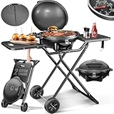 KESSER® elektrischer Elektrogrill 2in1 Tischgrill - Standgrill mit Deckel und Standfuß | max. 2400 Watt | Faltbar | Thermostat | Antihaftbeschichtung | Grillplatte Abstelltische | 2 Räder