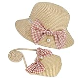 MengH-SHOP Strohhut und Mini Tasche Set Mädchen Sommer Sonnenhut mit Schleife Dekoration Sommerhut Strandhut für Reisen Outdoor Aktivitäten (Beige)