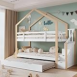 NNJN 90x200cm&90x190cm Etagenbett, Ausziehbares Baumhausbett, Schiebebett, Treppe mit 4 Schubladen, Kinderbett mit Absturzsicherung und Kinderbettgitter, mit Lattenroste, Natur+Weiß