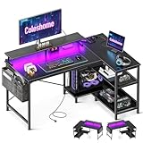 Coleshome Gaming Tisch L Form mit LED&Steckdosen, 120x80cm Eckschreibtisch mit Regal Reversibler Schreibtisch L Form Schwarz mit Monitorständer Ecktisch für Büro Arbeitszimmer